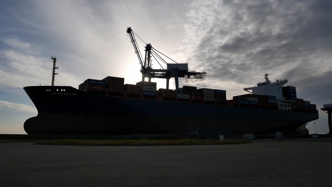 Container Ship and Cranes Silhouetted Against a Cloudy Sky at Port