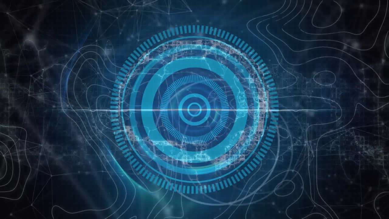 animación de la red de conexiones con cerebro digital y escaneo de alcance sobre líneas blancas