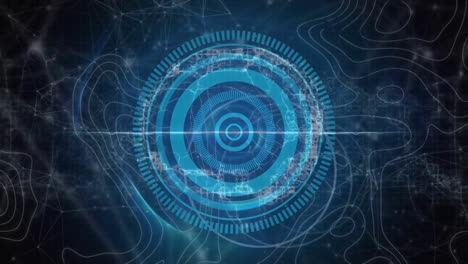 animación de la red de conexiones con cerebro digital y escaneo de alcance sobre líneas blancas