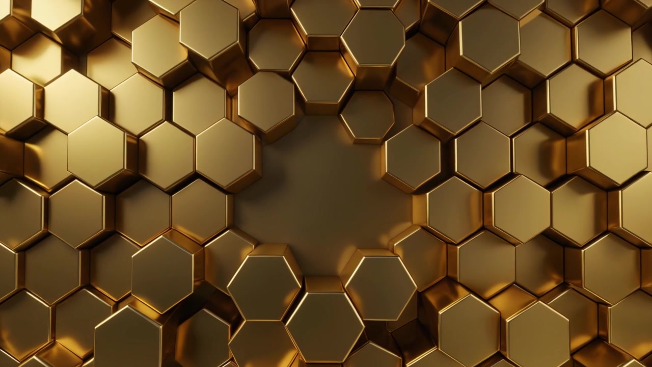 Abstract Background of Moving Golden Hexagonal Pillars