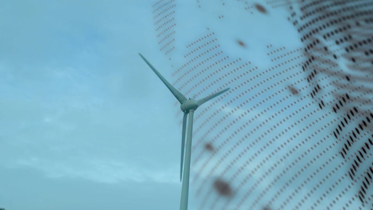 Animatie van wereldbol en gegevensverwerking boven windturbine