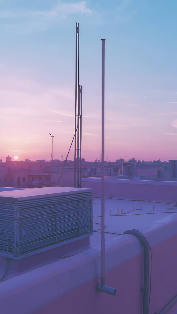 Vertical video: Panning rooftop AC unit and metal poles at twilight revealing coiled hoses, skyline