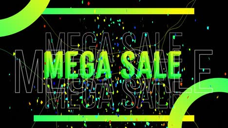 Animation-of-mega-sale-text-with-geometric-shape-and-falling-confetti-over-black-background