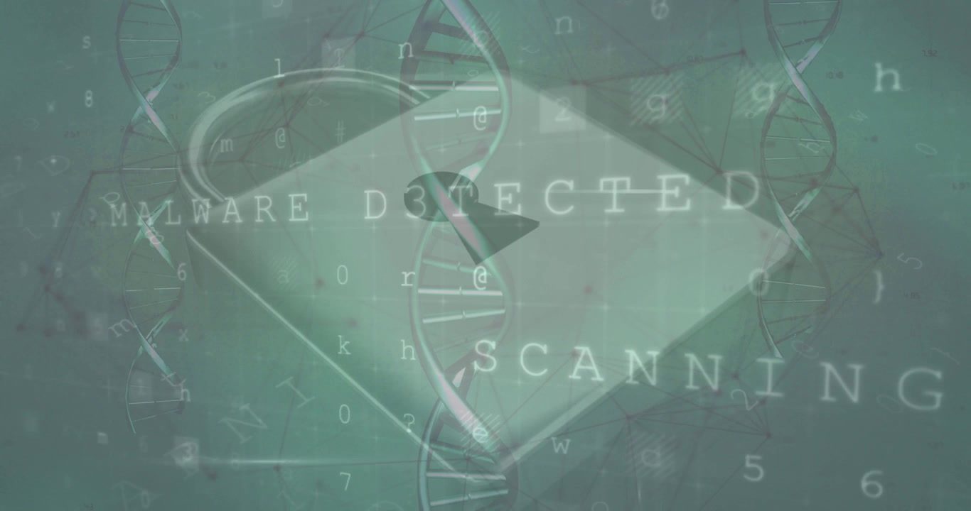 Tilted translucent panel displaying padlock icon floating over digital backdrop with DNA graphics