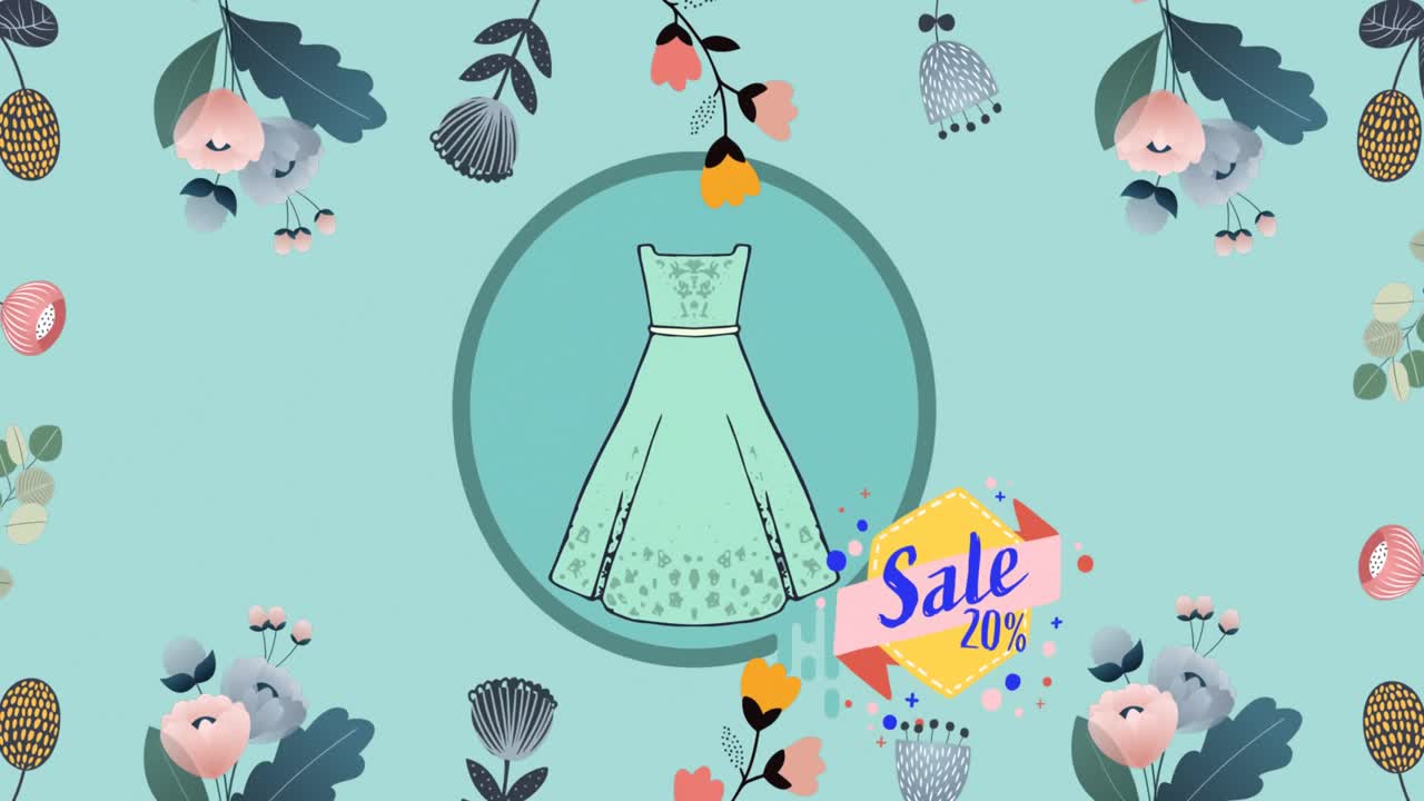 animación del texto de venta y el icono del vestido sobre fondo verde