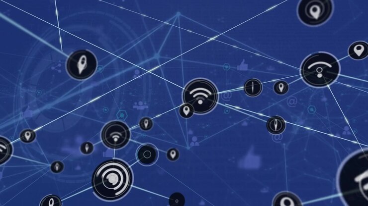 Animación de red de iconos digitales sobre escáner redondo contra fondo azul