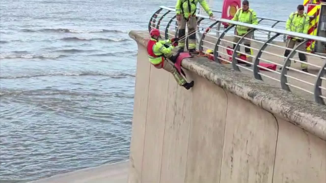 Blackpool fire fighters training on the prom, abseiling