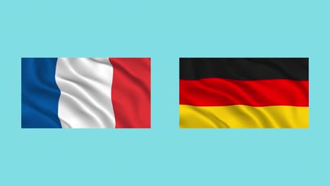 waving flags of france and germany isolated on turquoise background. to illustrate relations between countries