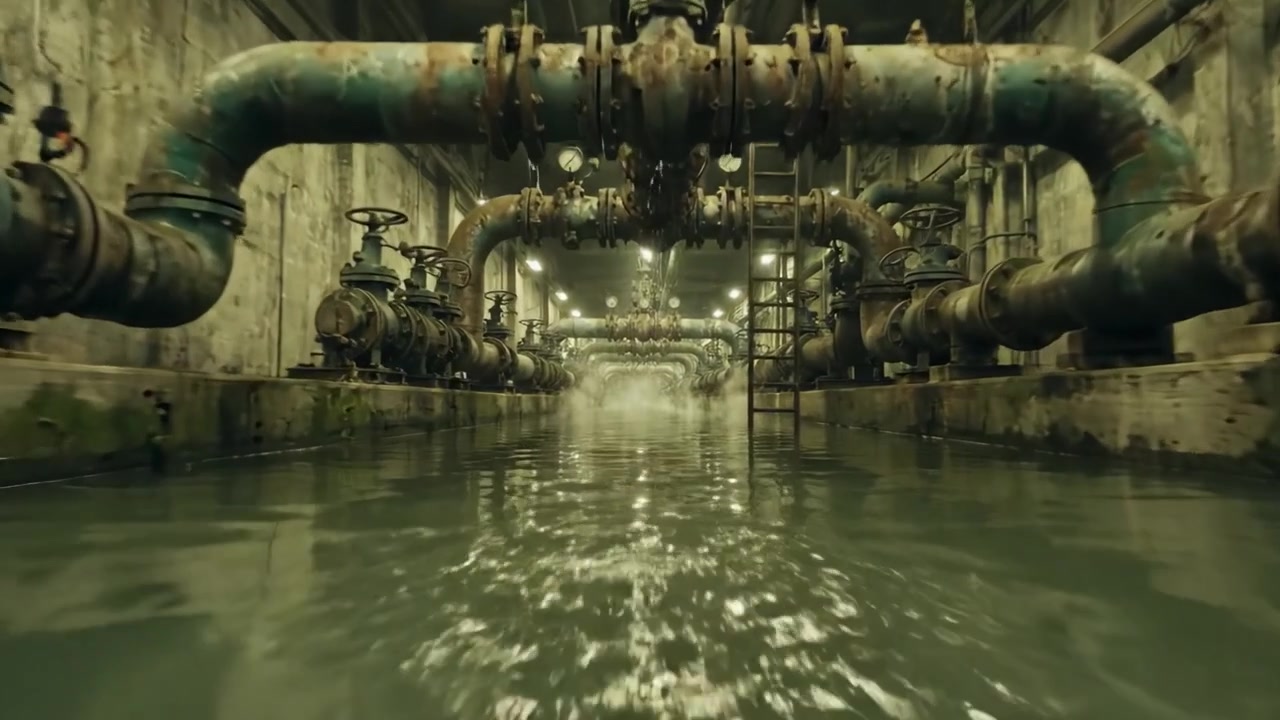 En industriel vandvej: Udforskning af det indviklede rørsystem og damp i et dæmpet belyst undervandsmiljø omgivet af betonvægge og maskineri.
