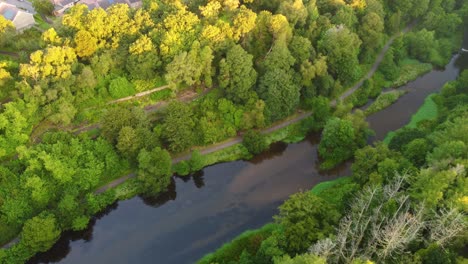 Sunrise-Aerial-Pan-Up-from-Forest-Lake-to-Suburban-Houses-in-UK