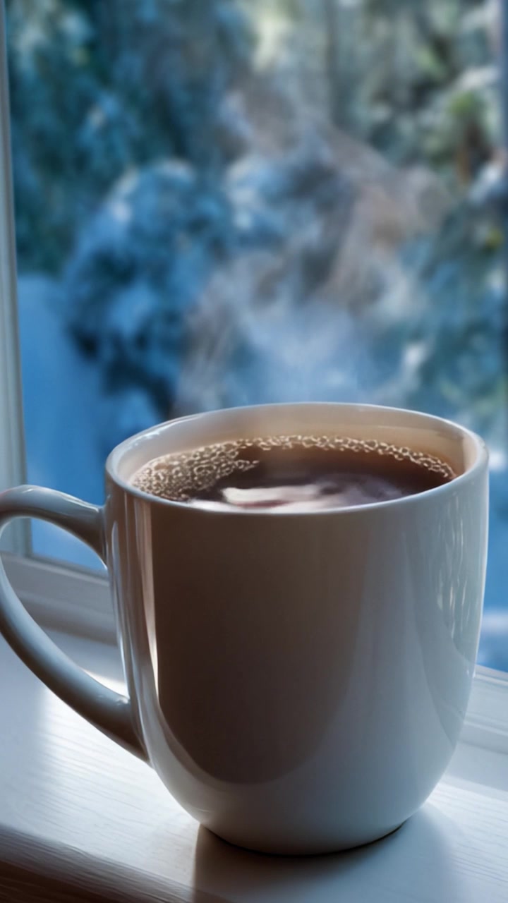 Tazza di caffè fumante vicino alla finestra, godendosi una vista invernale con leggera neve sullo sfondo, perfetta per momenti accoglienti e calore nelle giornate fredde.