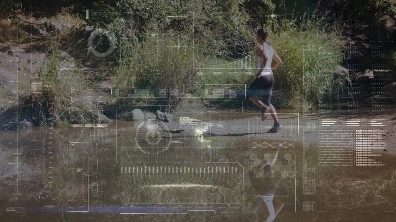 animación de pantalla digital y procesamiento de datos sobre la mujer en forma corriendo
