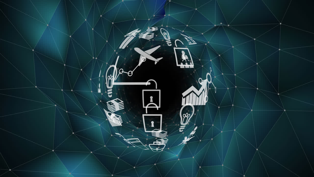 어두운 녹색 디지털 공간에서 여행 아이콘으로 만든 지구상의 애니메이션