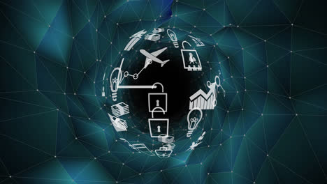 animation of globe made of travel icons in dark green digital space