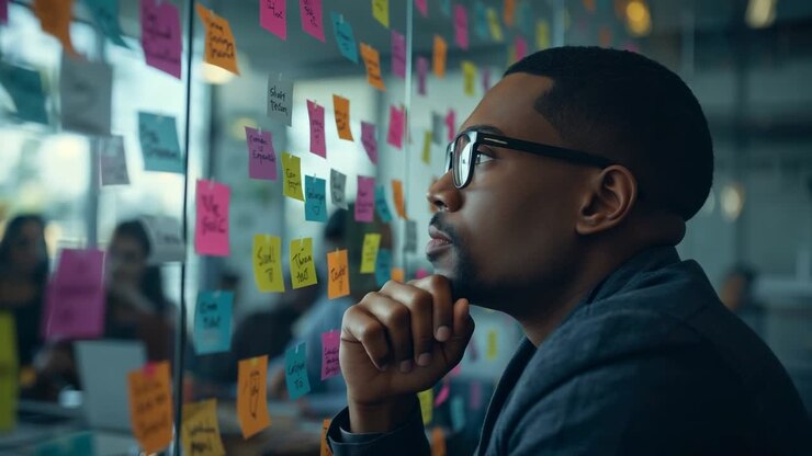 Approaching office partition with notes, businessman studying notes, prioritizing tasks and nodding