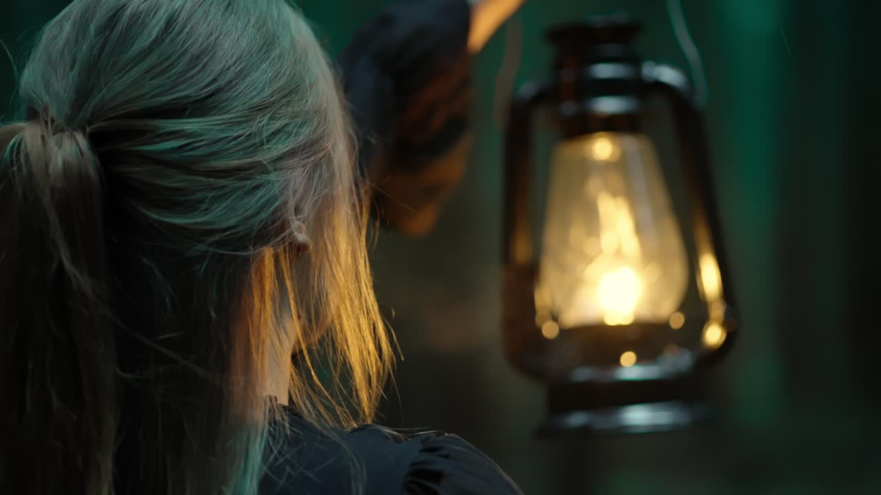 어두운 밤에 자신을 밝히기 위해 램프를 들고 있는 긴 머리카락을 가진 어린 소녀의 어깨 위의 모습