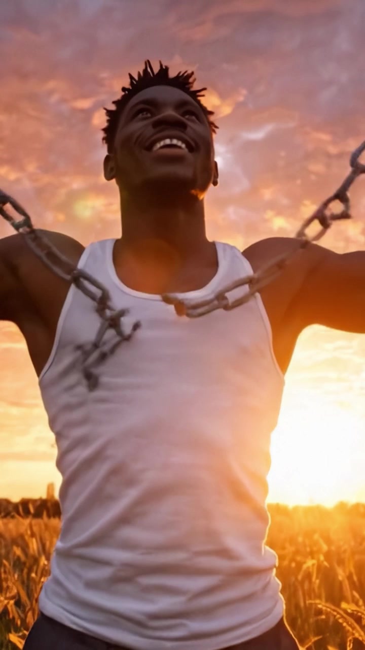Una Potente Transizione dalla Schiavitù alla Libertà: Un Uomo si Libera Sotto un Bellissimo Tramonto, Simboleggiando Forza e Speranza nel Suo Viaggio di Scoperta di Sé