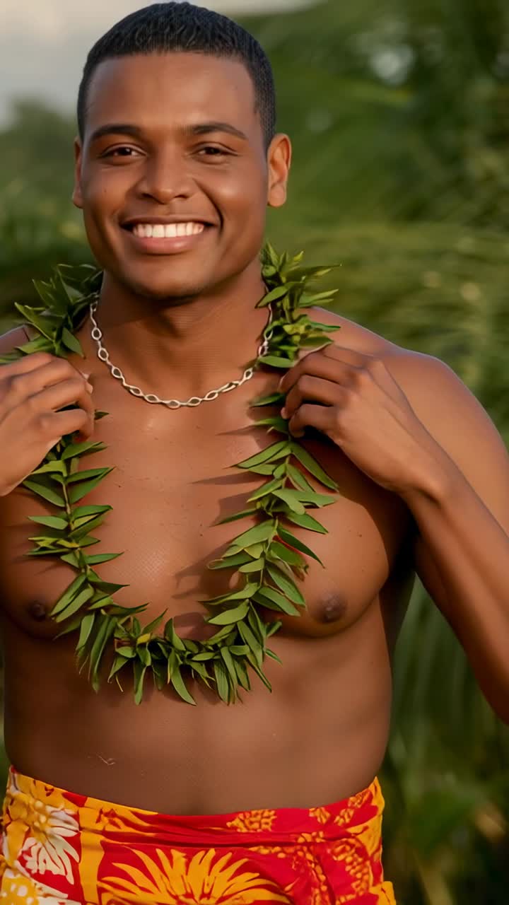 Vídeo vertical: hombre sin camiseta mirando hacia abajo atándose un pareo en el trópico y arreglando un lei de hojas para la cámara