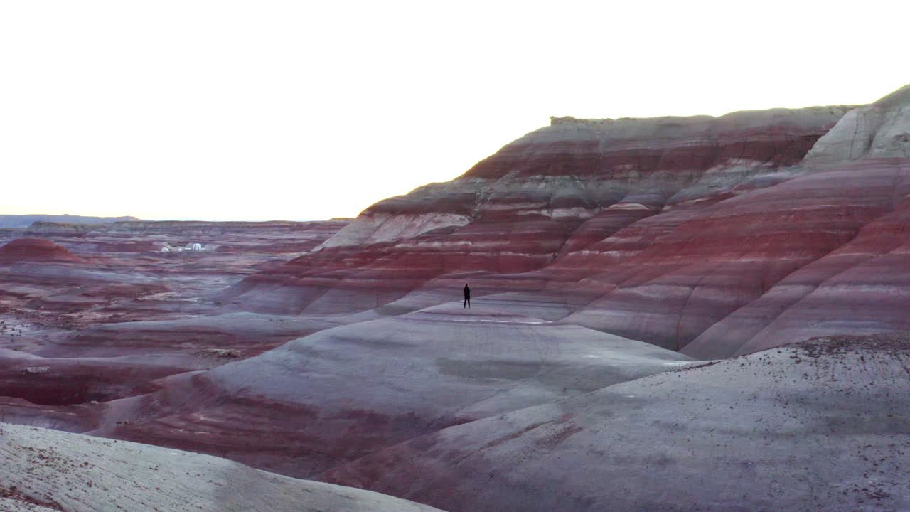 Person Standing Alone in a Vast, Colorful Desert Landscape with Unique Geological Formations