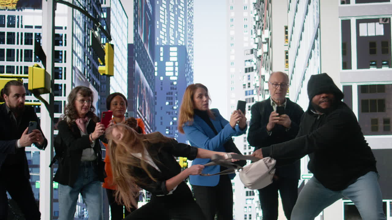 Illegal robbery shows black man stealing handbag on city on street