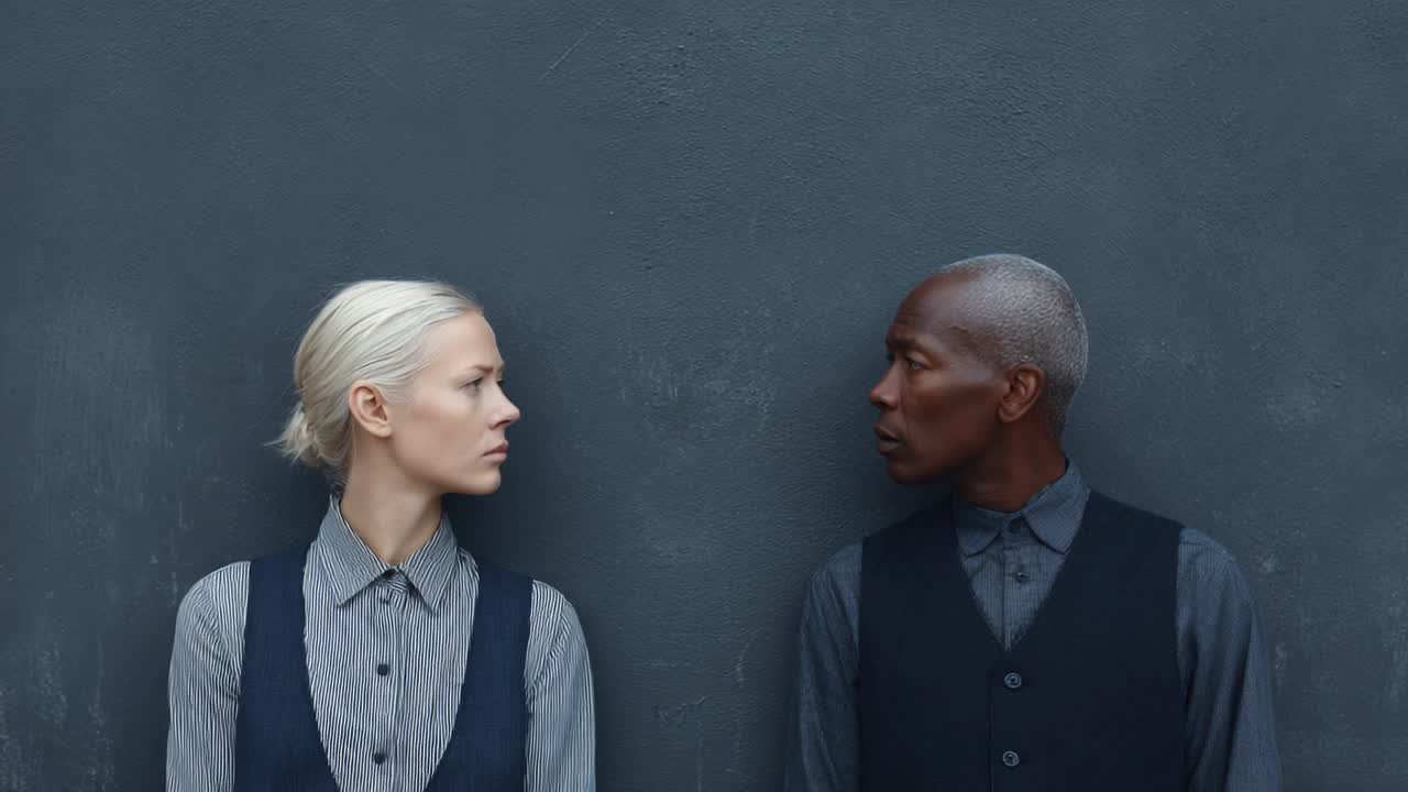 A Captivating Encounter: Two Individuals in Stylish Attire Engaging in a Moment of Contemplation Against a Minimalist Gray Background