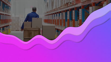 abstract wavy purple shapes against rear view of senior male worker pulling a pallet at warehouse