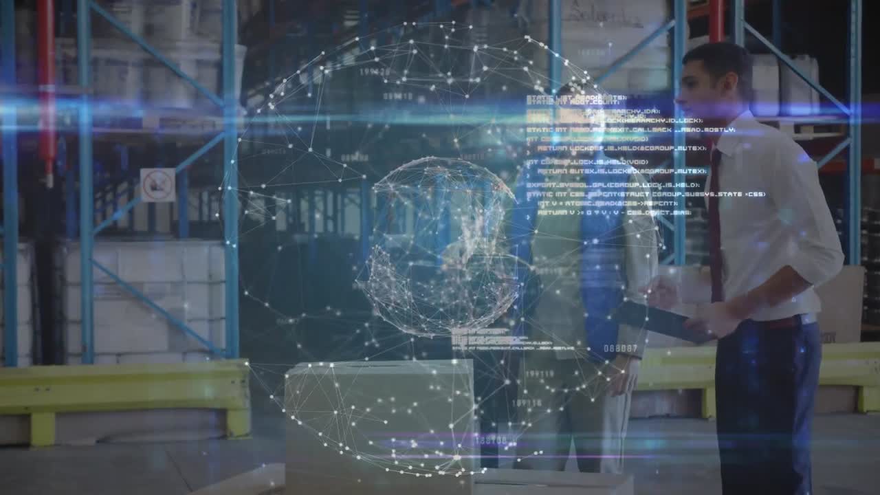 animación de la interfaz digital sobre los trabajadores del almacén caucásico