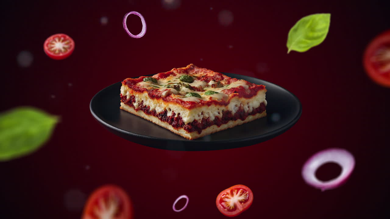 pizzería de estilo detroit en un plato introducción de animación para publicidad o comercialización de restaurantes con los ingredientes del plato volando en el aire - etiqueta de precio o venta