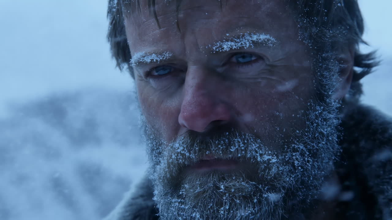 Close-up of a Man's Frost-Covered Face in a Harsh Winter Environment