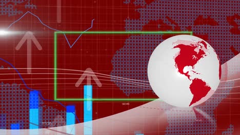 Animation-Des-Globus-Mit-Rechteck,-Aufwärtspfeilen,-Diagrammen-über-Quadraten,-Die-Eine-Karte-Auf-Rotem-Hintergrund-Bilden