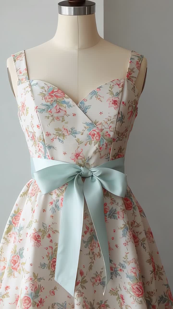 Vertical video: Camera panning revealing floral sundress on mannequin in studio showing mint sash