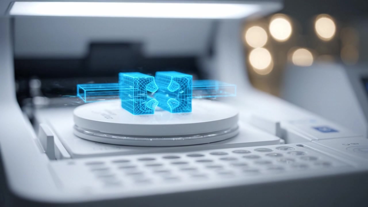 A High-Tech 3D Printing Process Demonstrating the Creation of Complex Geometric Objects Using Advanced Software and Precision Machinery in a Modern Workspace.