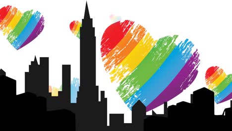 animation of model of city over rainbow hearts