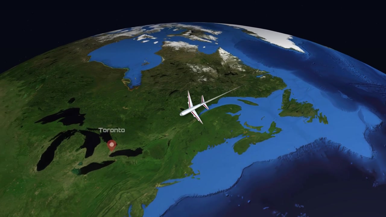 A digital animation tracks a commercial airplane flying across the globe from Istanbul to Toronto