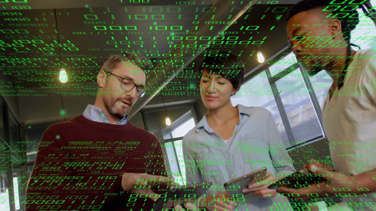 Left man pointing, team tapping tablet and scrolling phone, analyzing tech data with green overlay