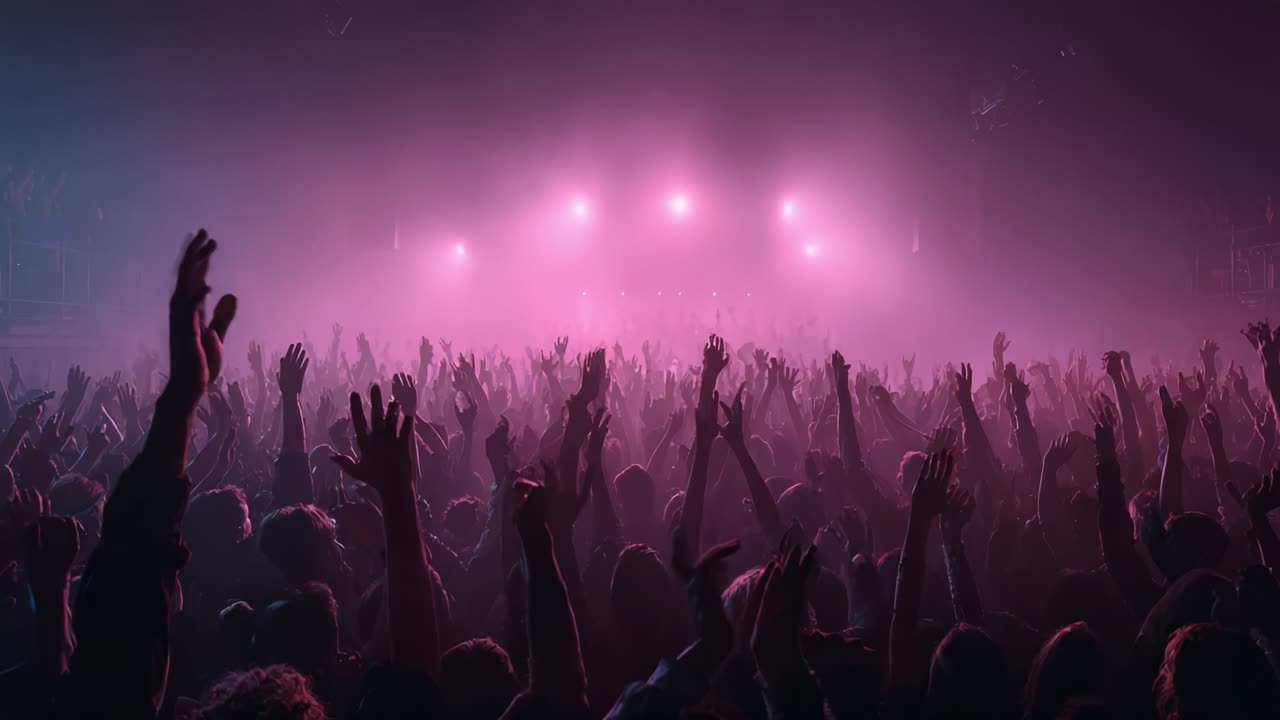 Momenti accattivanti tra la folla: una scena spettacolare di persone entusiaste a un evento notturno con luci vivaci e mani alzate in segno di eccitazione