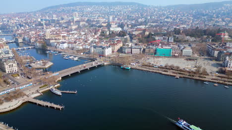 Aerial-of-Zurich-Lake-cityscape-and-roadways