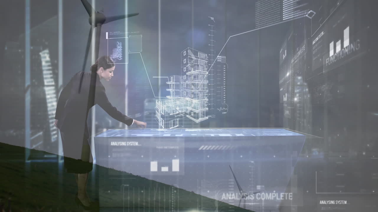 Interacting with animation, businesswoman using holographic display for wind turbine data