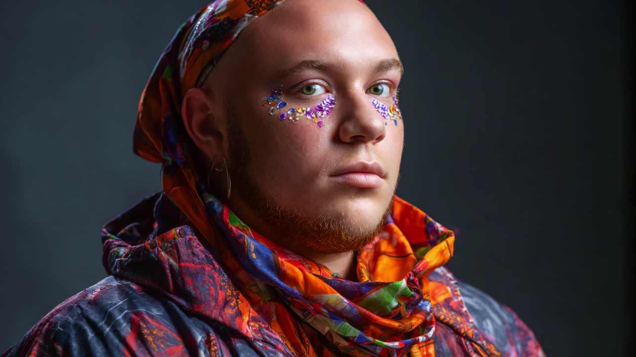 Ausdrucksstarkes Porträt einer modisch geschmückten Person mit einzigartigem Make-up und leuchtenden Textilien, aufgenommen in einem dramatischen Studio-Setting mit sanfter Beleuchtung