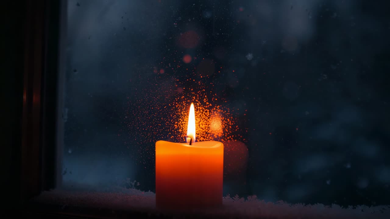 Burning orange pillar candle pooling wax flickering on snowy sill casting warmth against iced pane