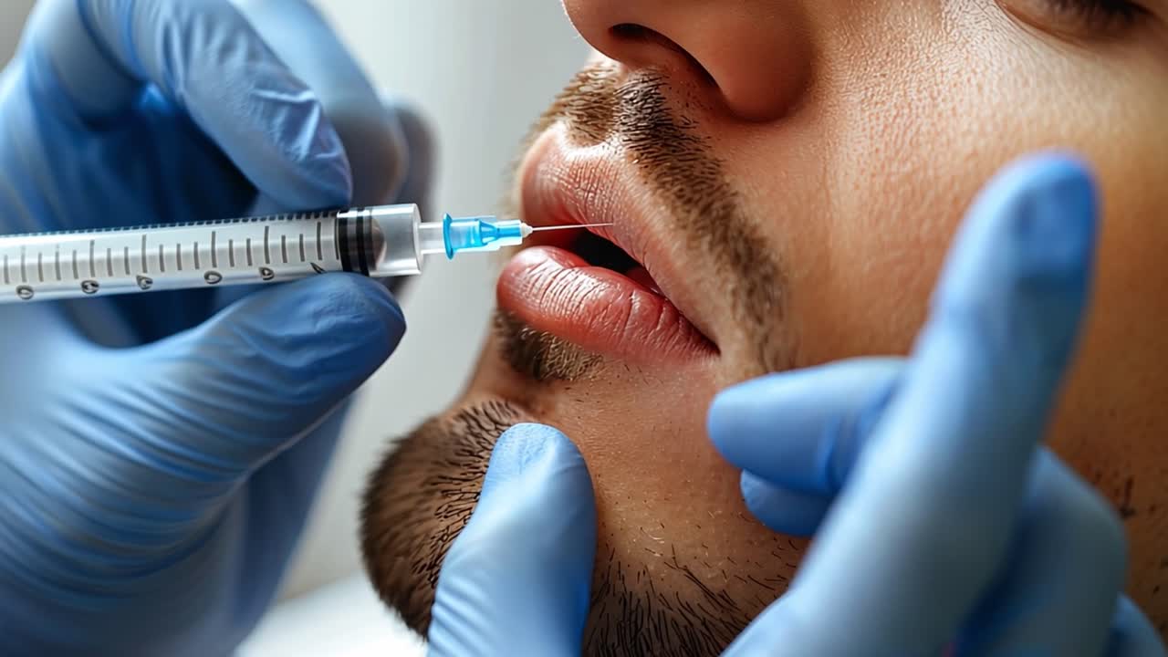 Close-up of a man receiving a lip injection
