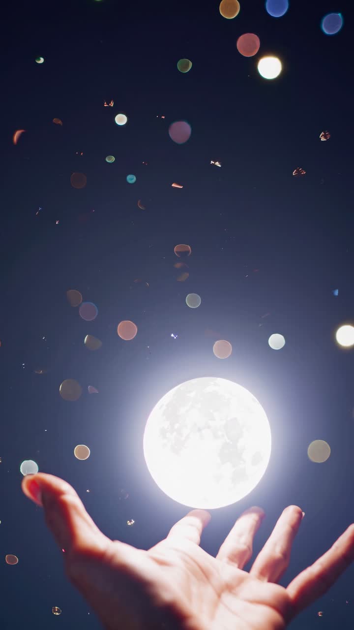 A mystical video concept with a hand reaching for a glowing moon, surrounded by bokeh lights
