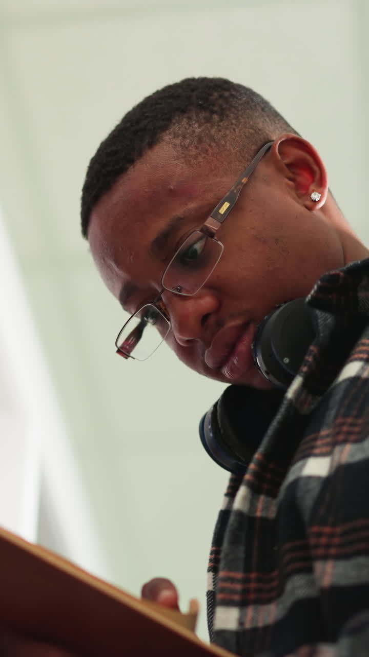 un hombre lee un libro en la biblioteca pública. un lector afroamericano con un libro de texto abierto se para en una escalera junto a una estantería. un estudiante serio elige literatura científica