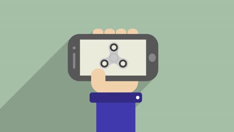 The drawn hand of a man is holding a phone with the image of a gray hand spinner. The spinner is spinning. Flat style. Motion graphics.