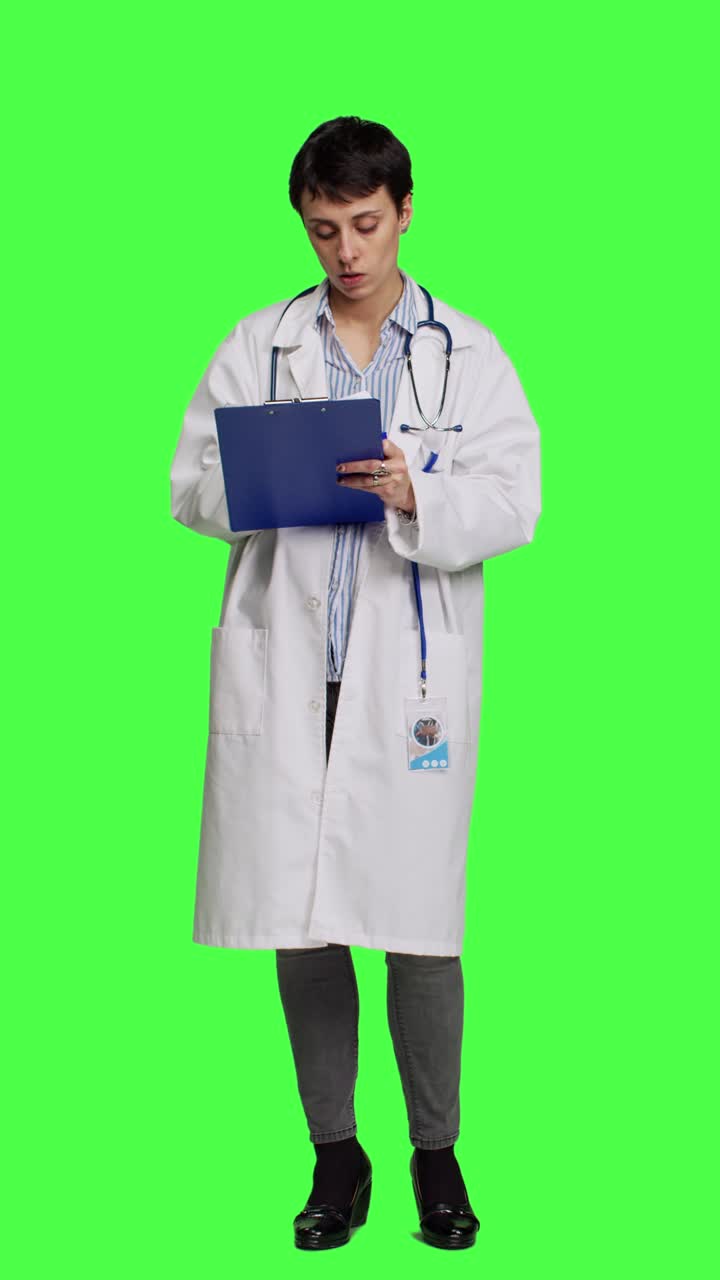 Medico con vista frontale che prende appunti dopo l'esame del paziente su sfondo verde