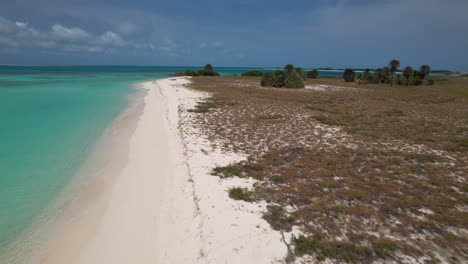 aerial dolly along golden white sandy beach in cayo de agua los roques, establishing