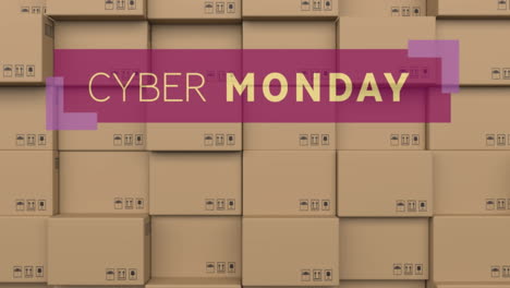 animation of cyber monday text over cardboard boxes