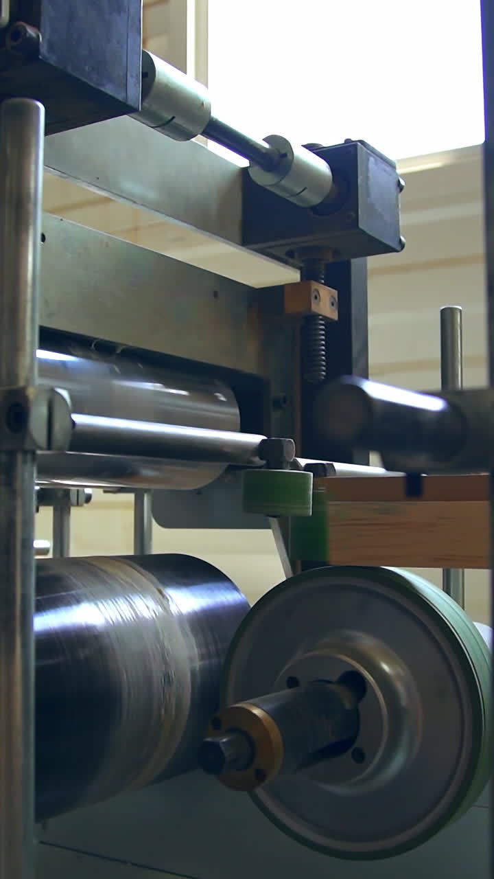 Automatic equipment at modern woodworking factory. Wooden bar moving quickly along the line due to rotating shafts. Vertical video