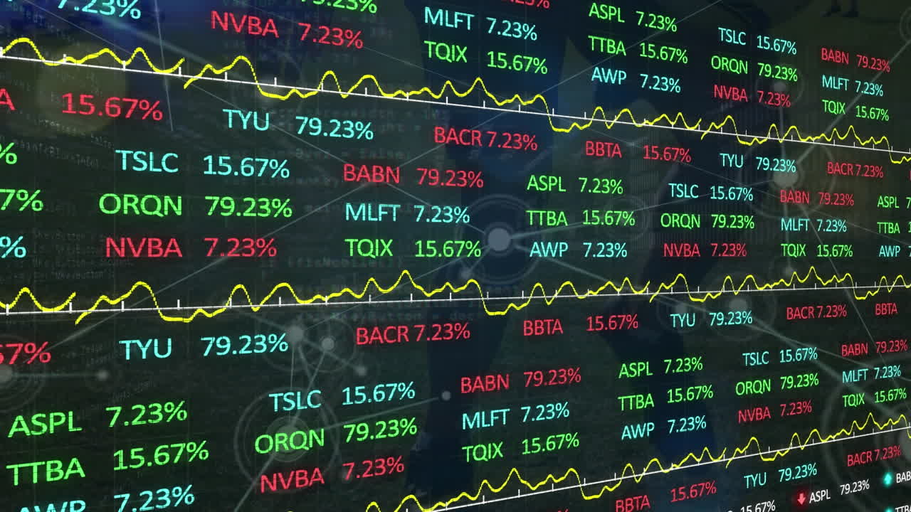 Animazione di dati finanziari e grafici su una rete di connessioni su sfondo nero