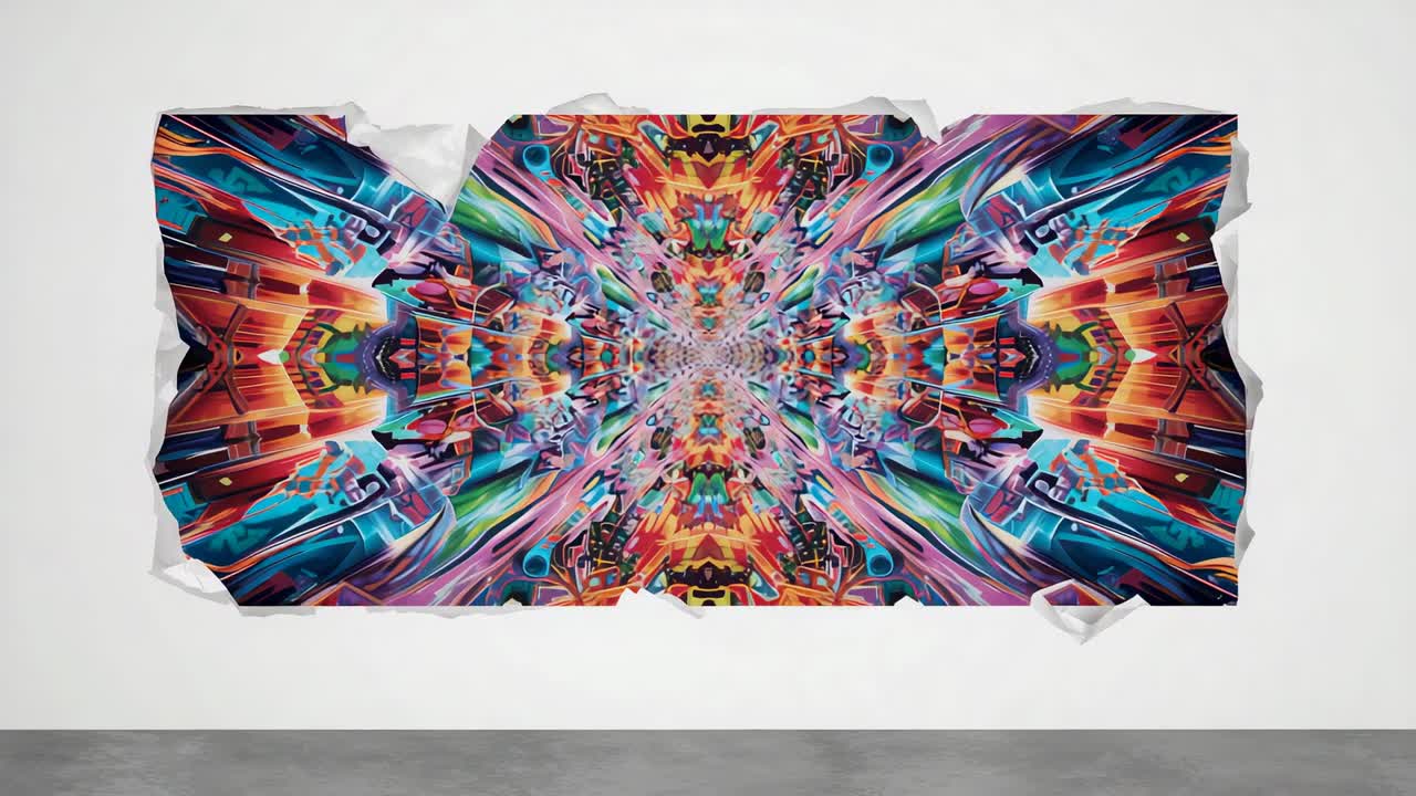 Shifting camera and light revealing sharper kaleidoscopic poster on gallery wall, flattening curls